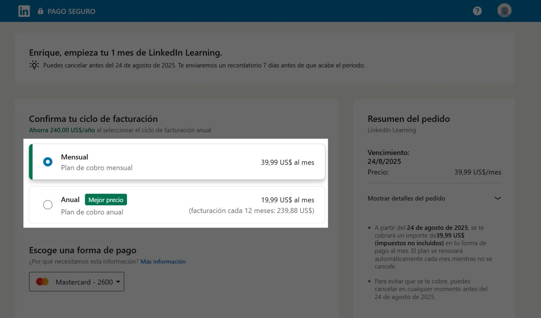 Captura oficial de los precios originales de LinkedIn Learning: $39.99 USD al mes o $239.88 USD al año por persona