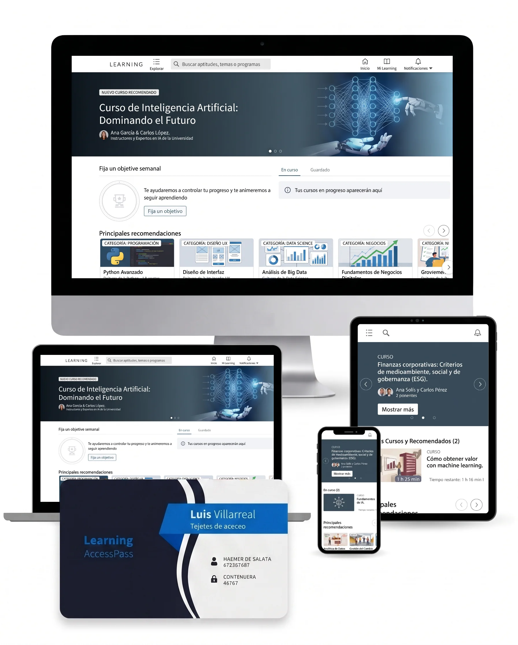 Acceso multiplataforma a LinkedIn Learning en celular, computadora y tablet